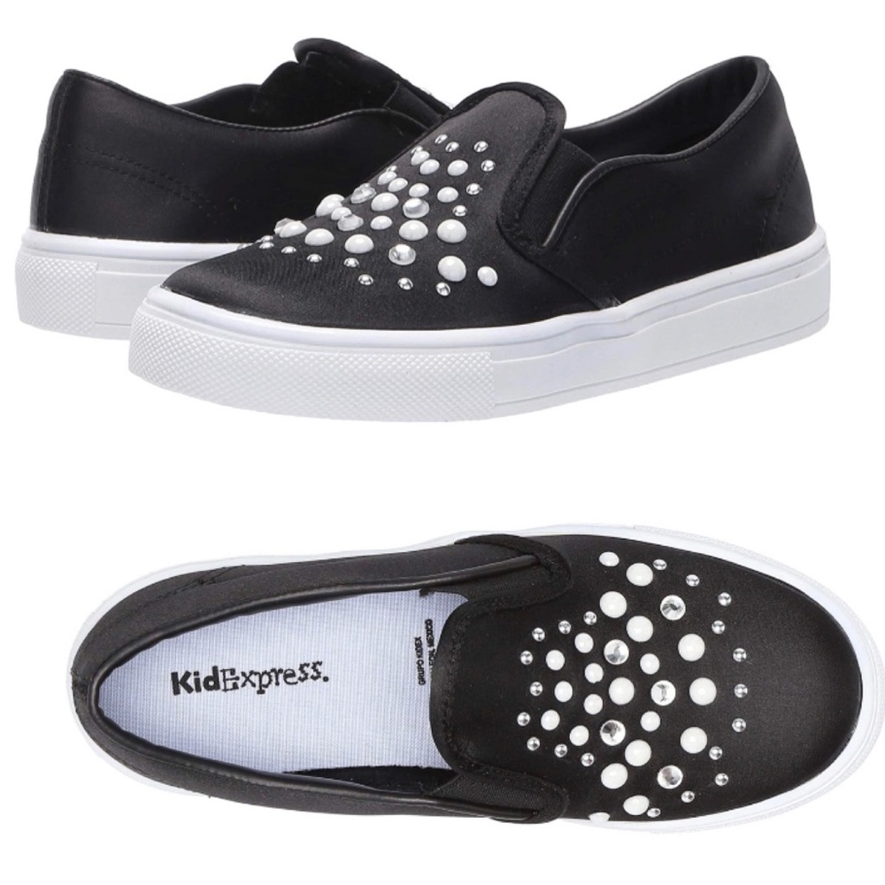 NWB Kids Black Vegan Leather Embellished Pearl & Crystal Toe Slip On Shoes